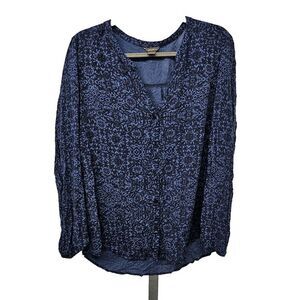 Eddie Bauer V-Neck Button Down Printed Shirt Womens Size L Long Sleeve Blue